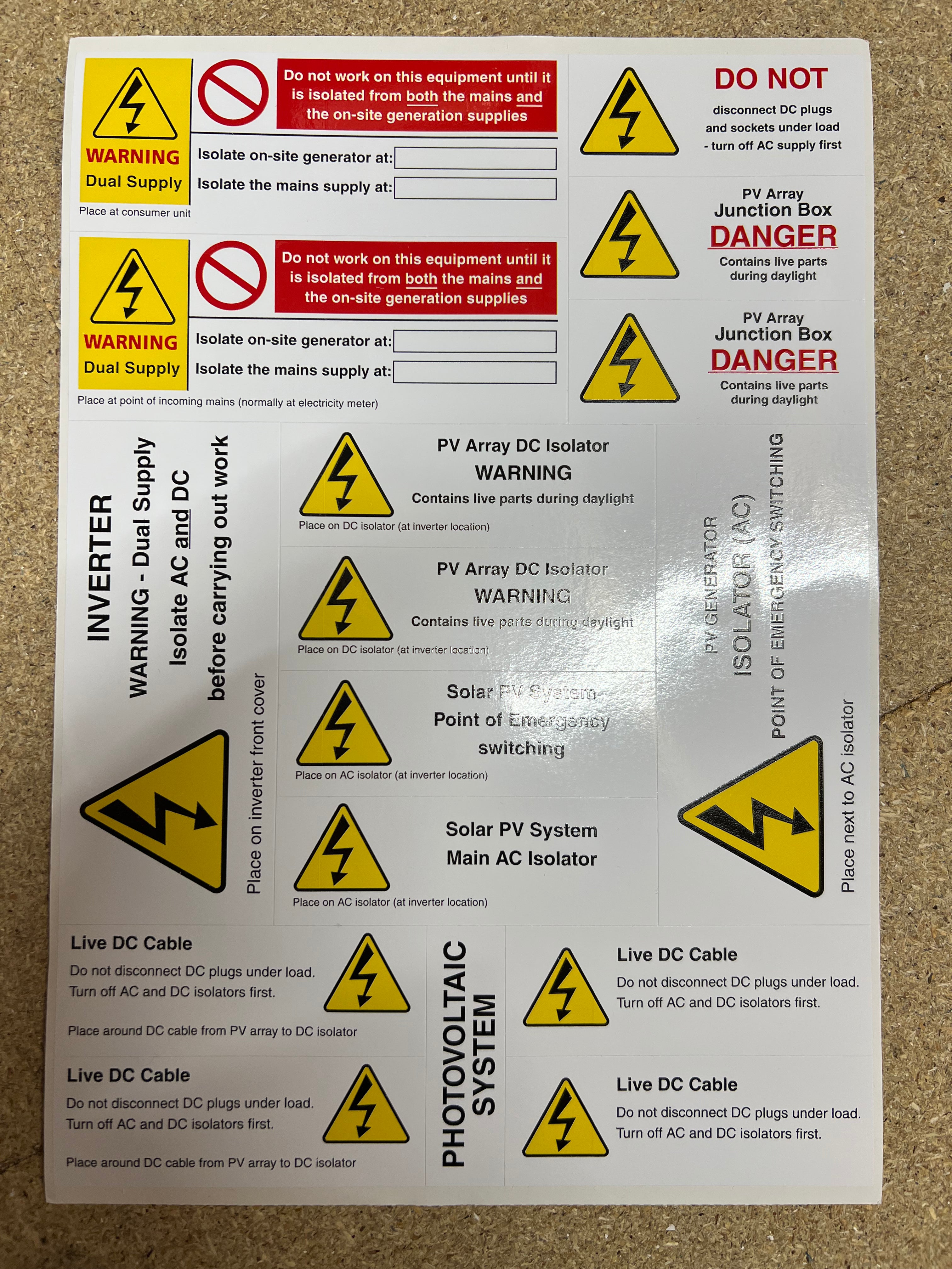 PV Hazard warning Label sheet